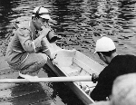 Circa 1935. The cox (left) of a Japanese rowing crew at Henley Royal Regatta, Oxfordshire. Courtesy of HRR - Click for full-size image!